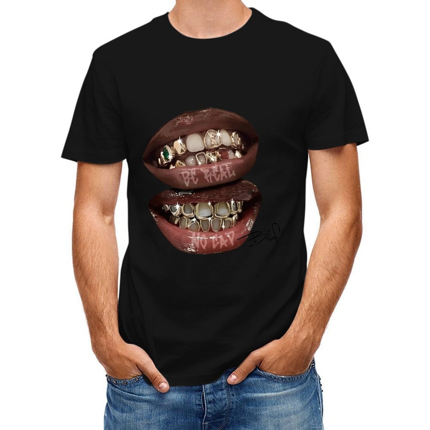 Inkmay Casual Cotton T-shirt Golden Teeth With Shiny Gems Embedded Unisex T-shirtLightweight Chill T-Shirt