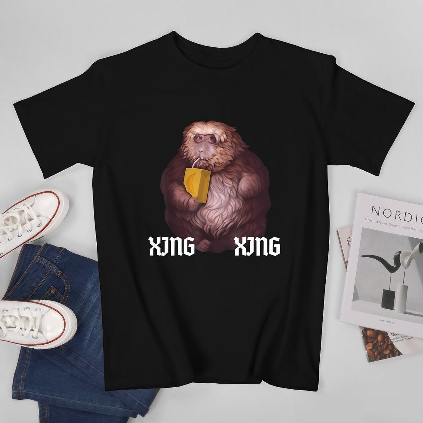 Inkmay Casual Cotton T-shirt Furry Monkey Holding Yellow Envelope Artwork Unisex T-shirtModern 100% Cotton T-Shirt