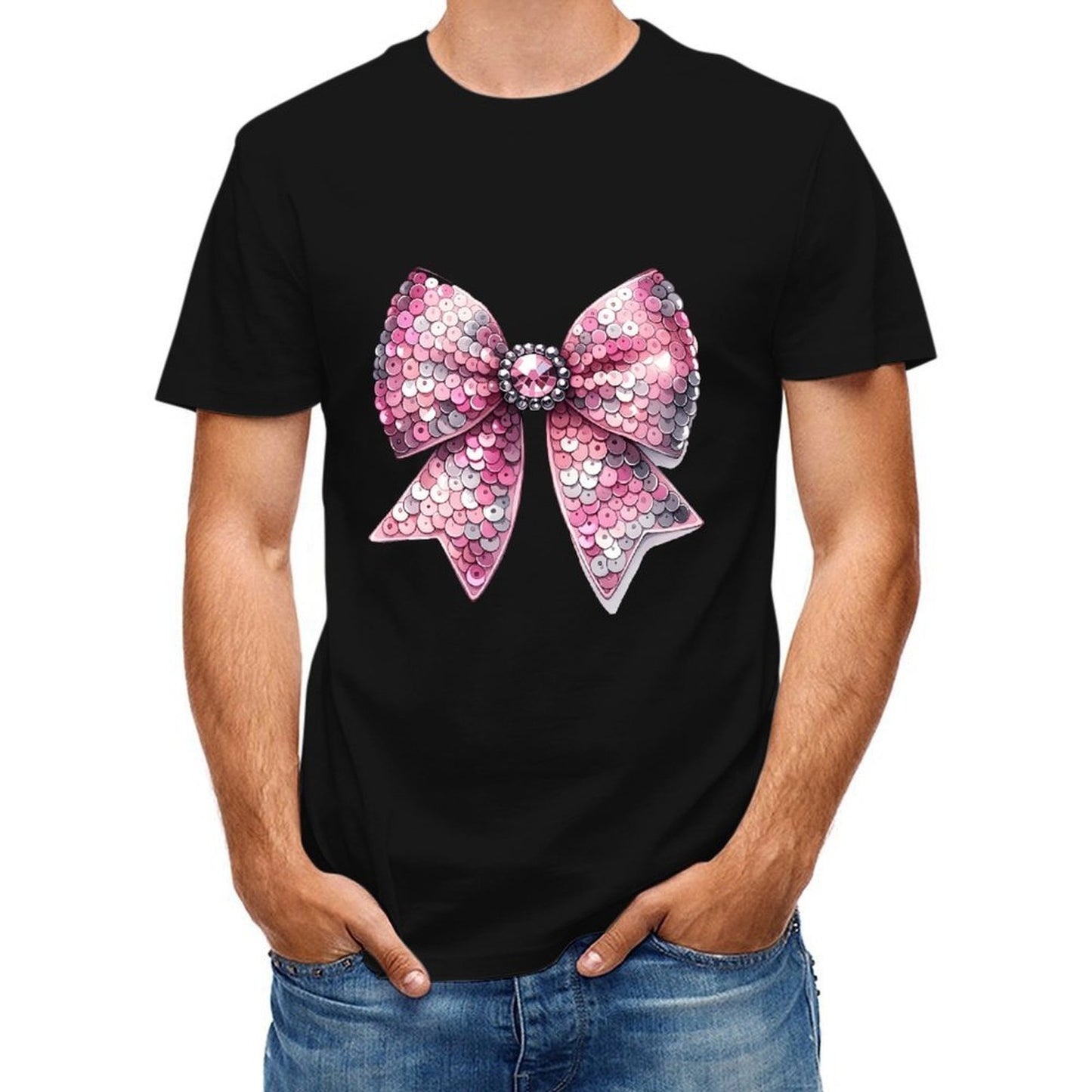 Inkmay Casual Cotton T-shirt Shiny Pink Sequin Bow Design Unisex T-shirtLogo-Ready LooseFit T-Shirt