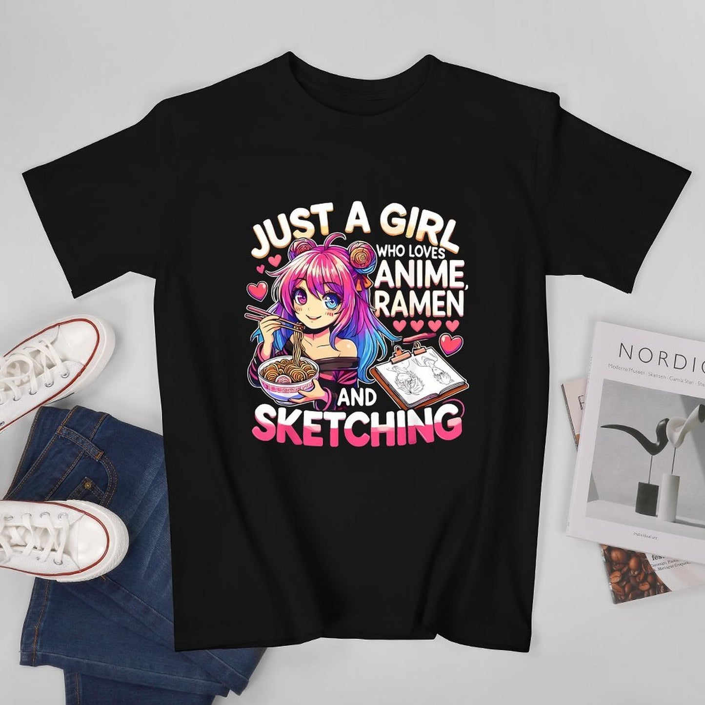 Inkmay Casual Cotton T-shirt Anime Girl Eating Ramen And Unisex T-shirtTimeless Breathable T-Shirt