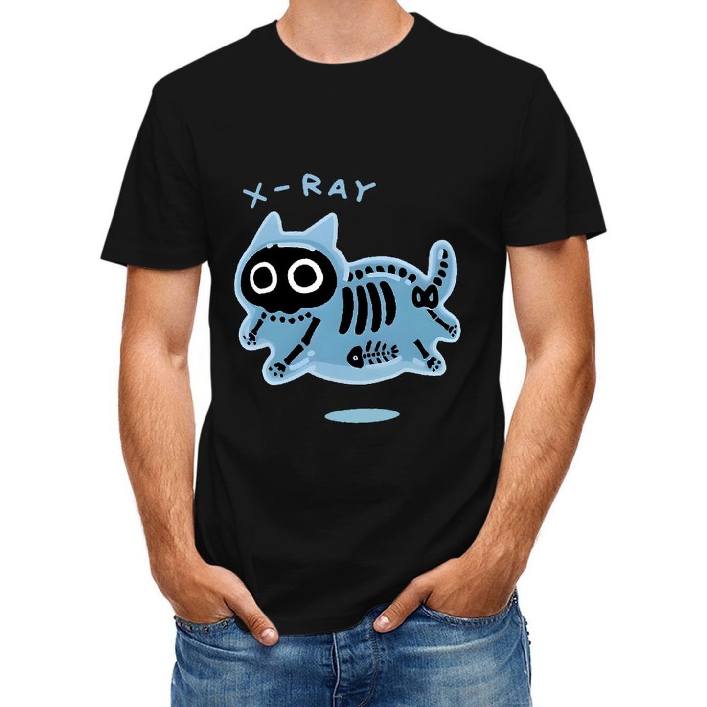 Inkmay Casual Cotton T-shirt Blue Cat Skeleton Print Design Art Unisex T-shirtSmooth Design-Your-Own T-Shirt