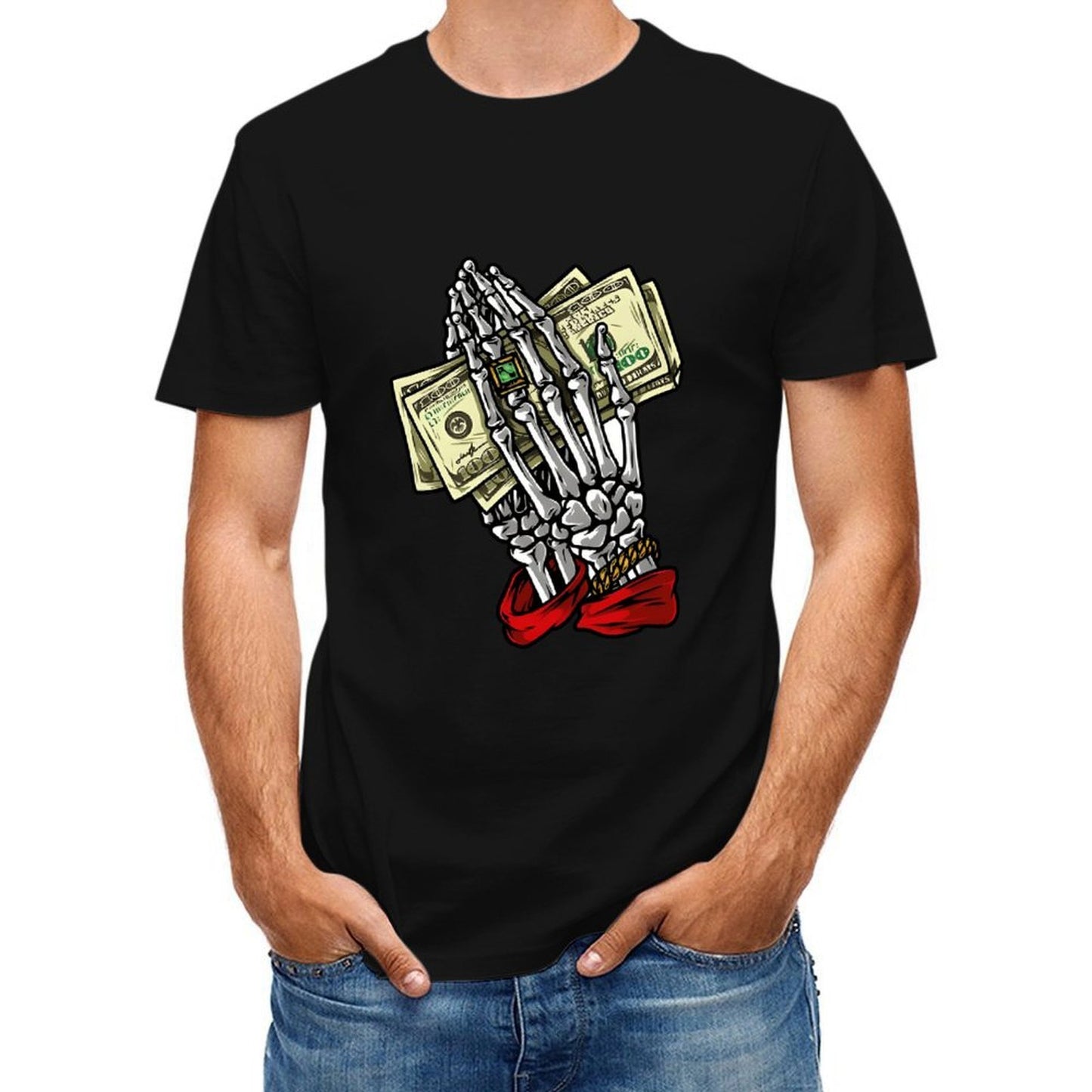 Inkmay Casual Cotton T-shirt Skeleton Hand Holding Money Bills Art Unisex T-shirtBreathable EverydayTee T-Shirt