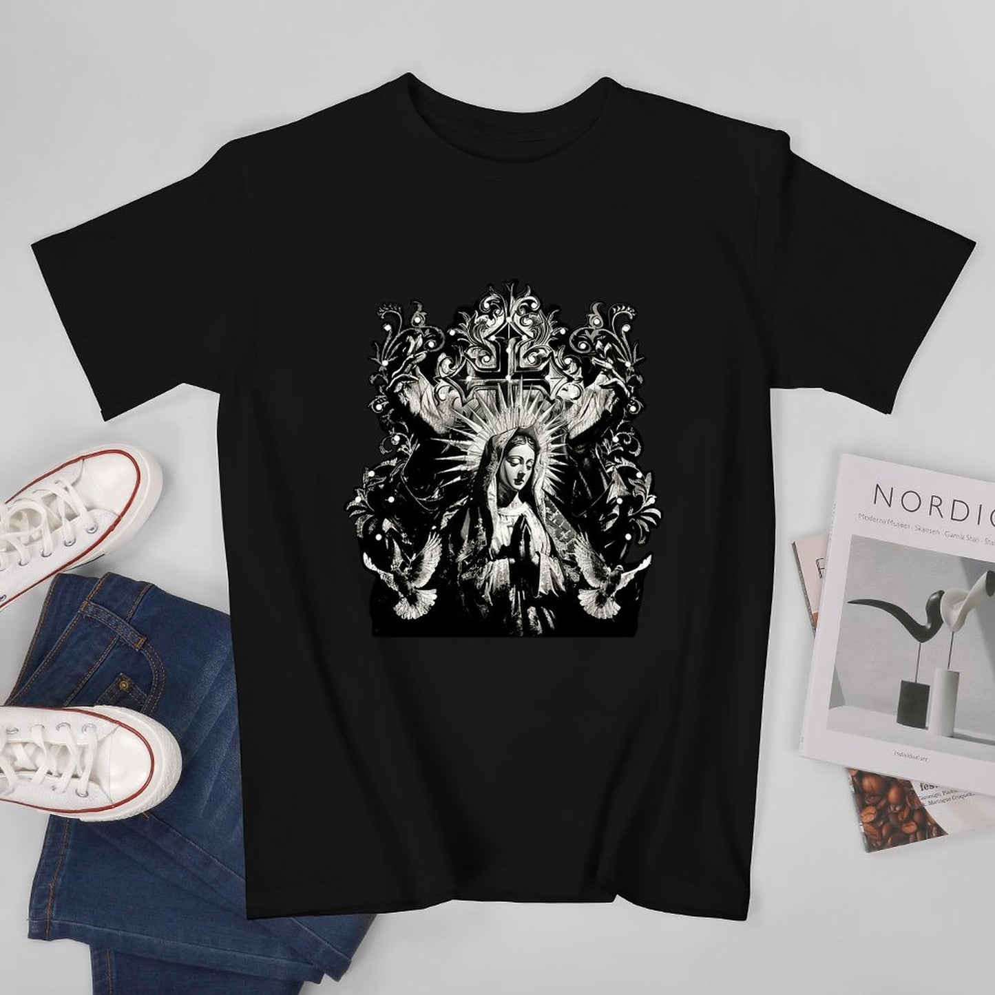 Inkmay Casual Cotton T-shirt Virgin Mary With Radiant Halo Wings Unisex T-shirtOversized Premium Finish T-Shirt