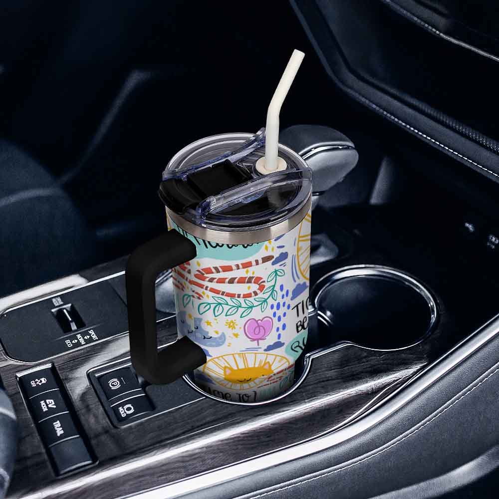 Travel Mug with Handle White Colorful Sun Moon Stars and Time to Be Wild Print for Outdoor Adventures
