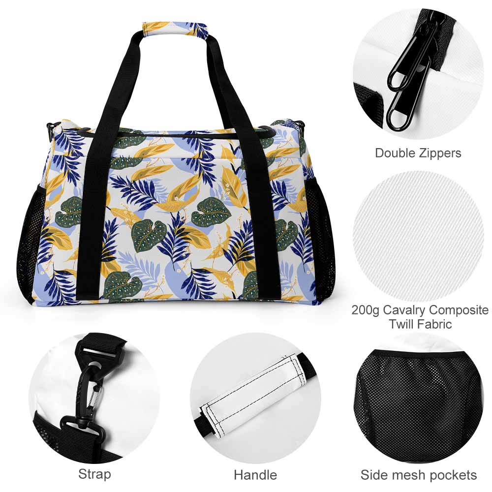 Tropical Leaf Print Duffel Bag Blue & White Travel Luggage for Vacation Beach Trip