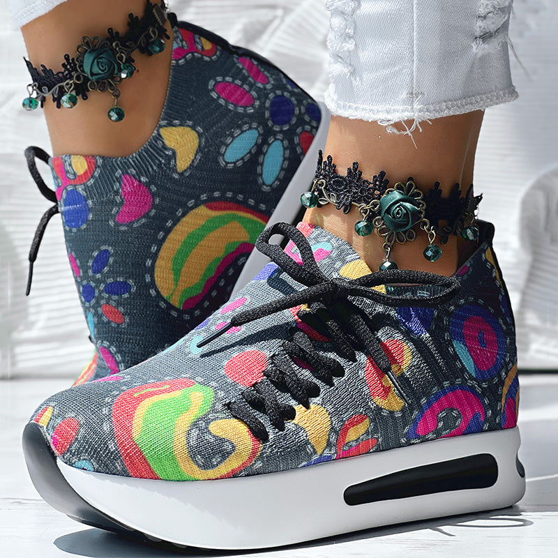 White Colorful Print Platform Sneakers Women Casual Shoes Clearance Sale