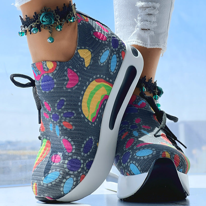 White Colorful Print Platform Sneakers Women Casual Shoes Clearance Sale