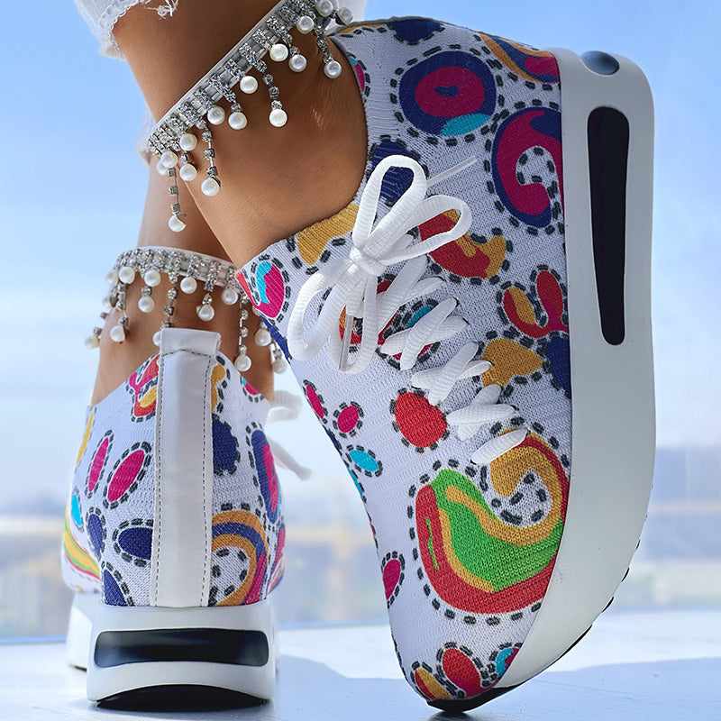 White Colorful Print Platform Sneakers Women Casual Shoes Clearance Sale