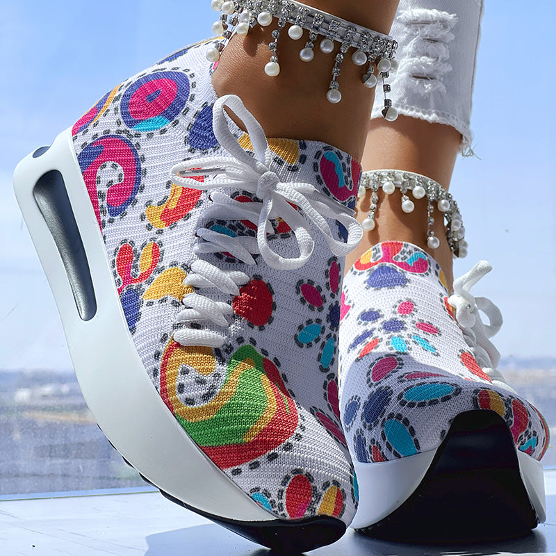 White Colorful Print Platform Sneakers Women Casual Shoes Clearance Sale