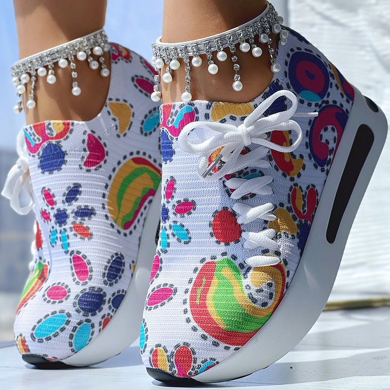 White Colorful Print Platform Sneakers Women Casual Shoes Clearance Sale