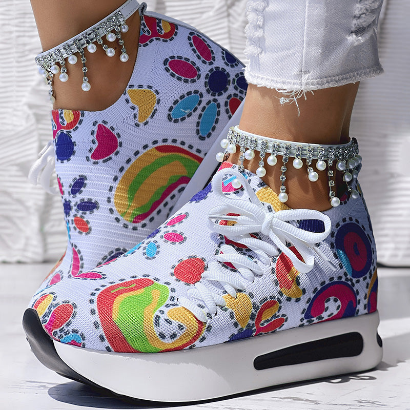 White Colorful Print Platform Sneakers Women Casual Shoes Clearance Sale