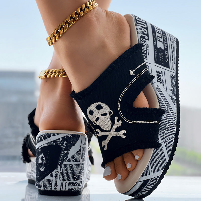 Women’s Denim Platform Sandals Skull Print Chunky Wedge Casual Shoes