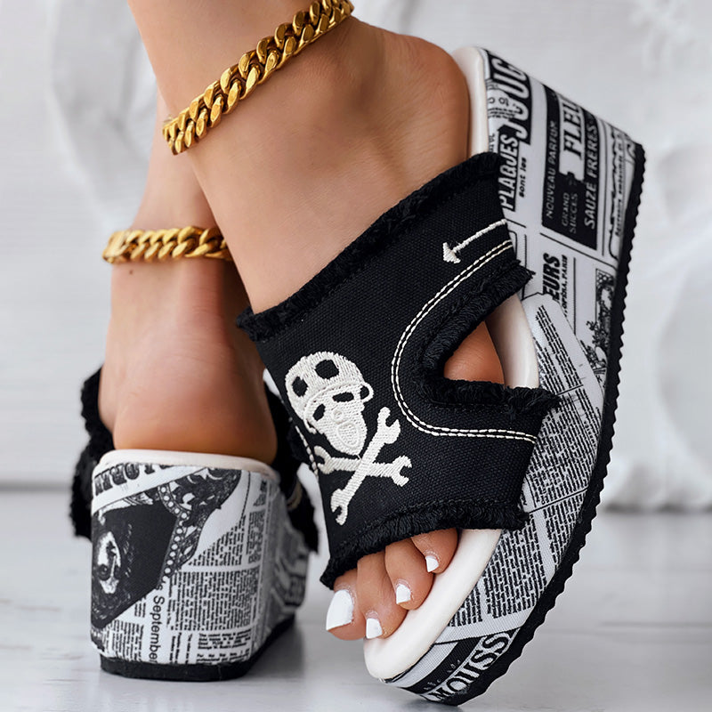 Women’s Denim Platform Sandals Skull Print Chunky Wedge Casual Shoes