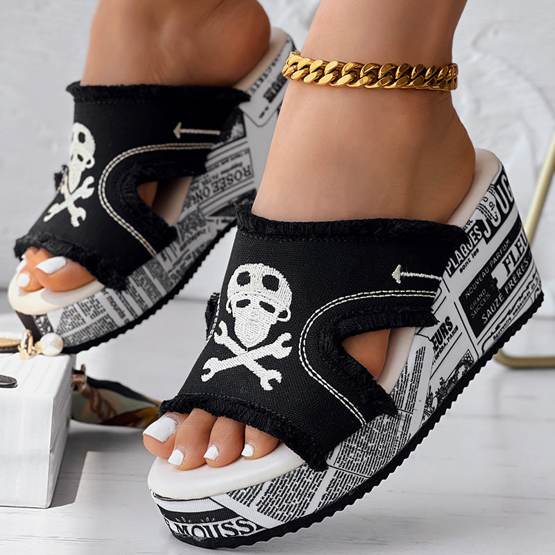 Women’s Denim Platform Sandals Skull Print Chunky Wedge Casual Shoes