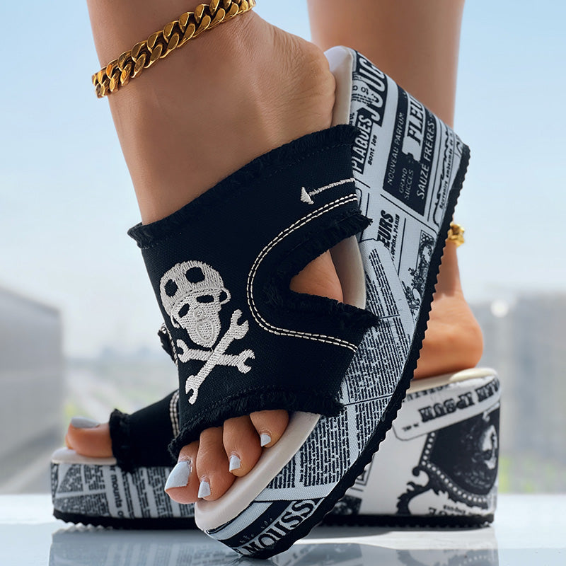 Women’s Denim Platform Sandals Skull Print Chunky Wedge Casual Shoes