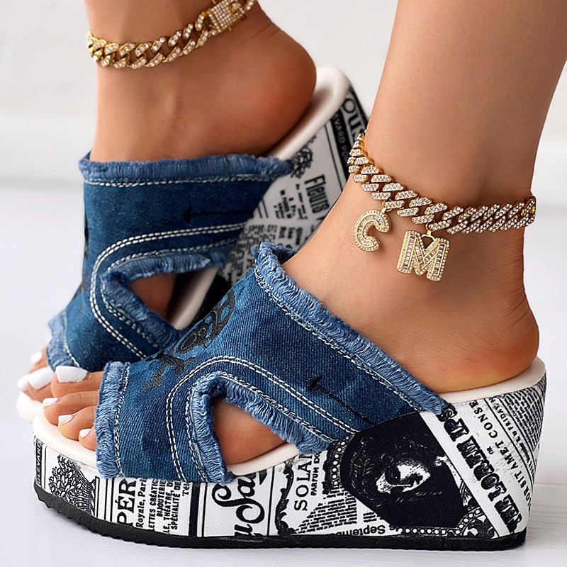 Women’s Denim Platform Sandals Skull Print Chunky Wedge Casual Shoes
