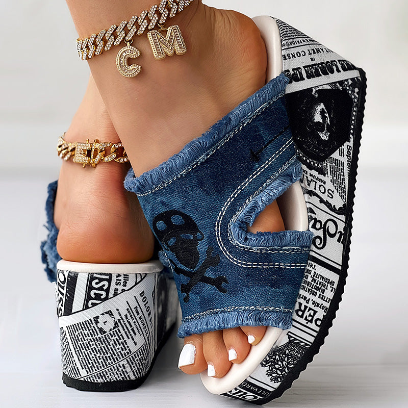 Women’s Denim Platform Sandals Skull Print Chunky Wedge Casual Shoes