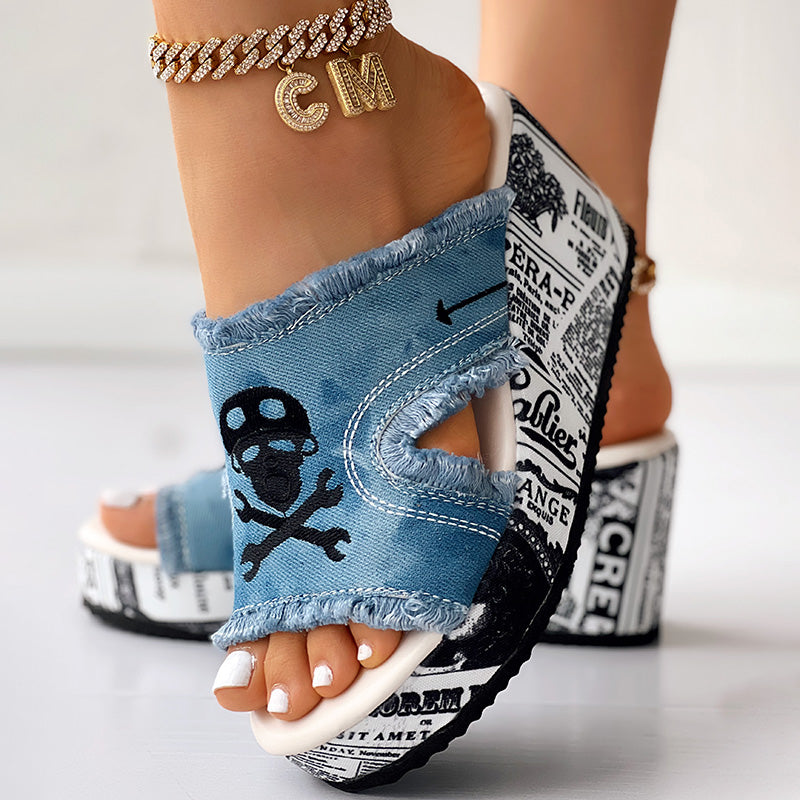 Women’s Denim Platform Sandals Skull Print Chunky Wedge Casual Shoes