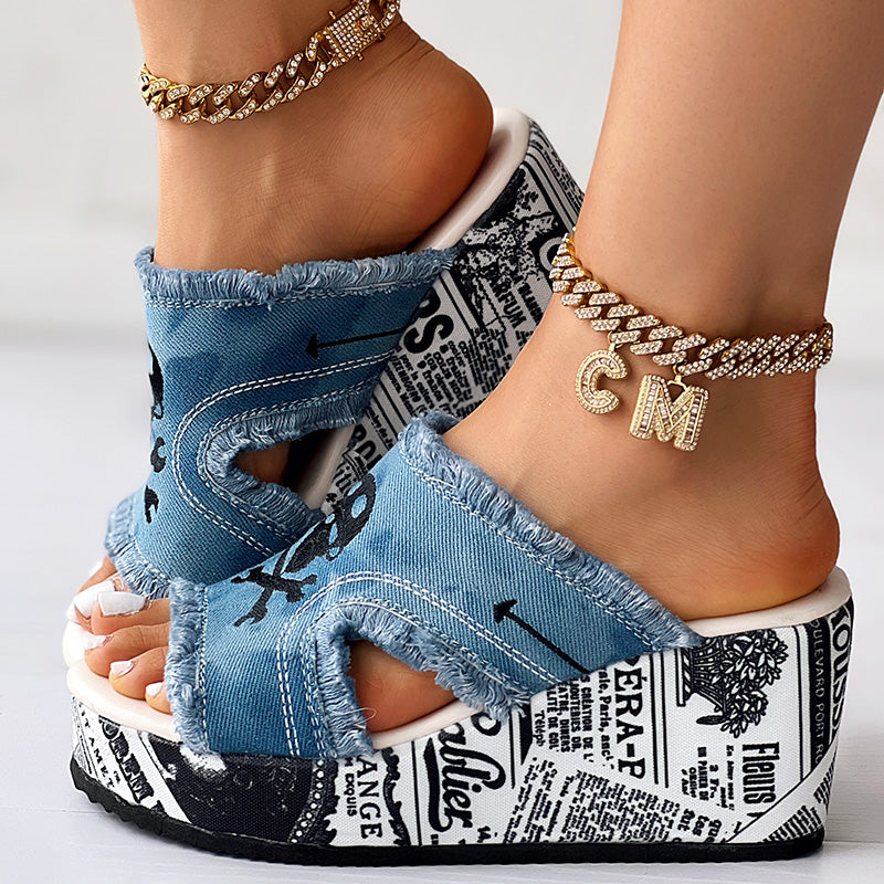 Women’s Denim Platform Sandals Skull Print Chunky Wedge Casual Shoes