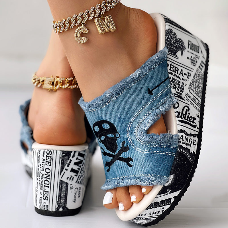 Women’s Denim Platform Sandals Skull Print Chunky Wedge Casual Shoes