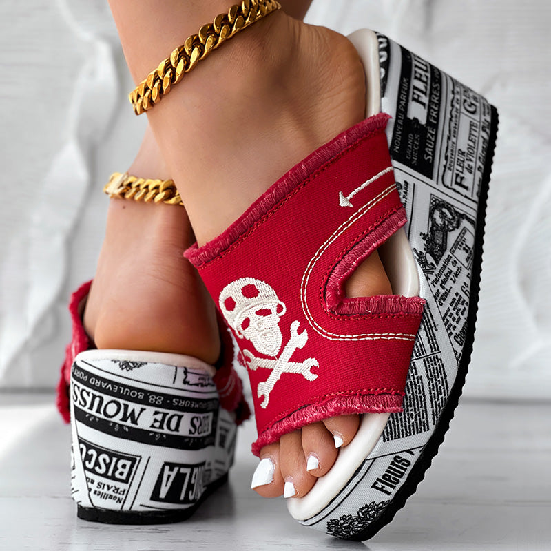 Women’s Denim Platform Sandals Skull Print Chunky Wedge Casual Shoes