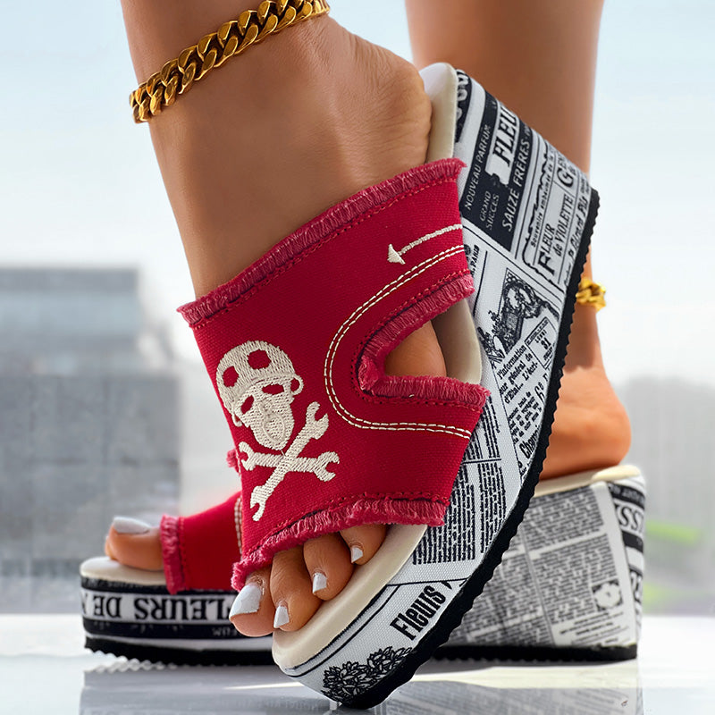 Women’s Denim Platform Sandals Skull Print Chunky Wedge Casual Shoes