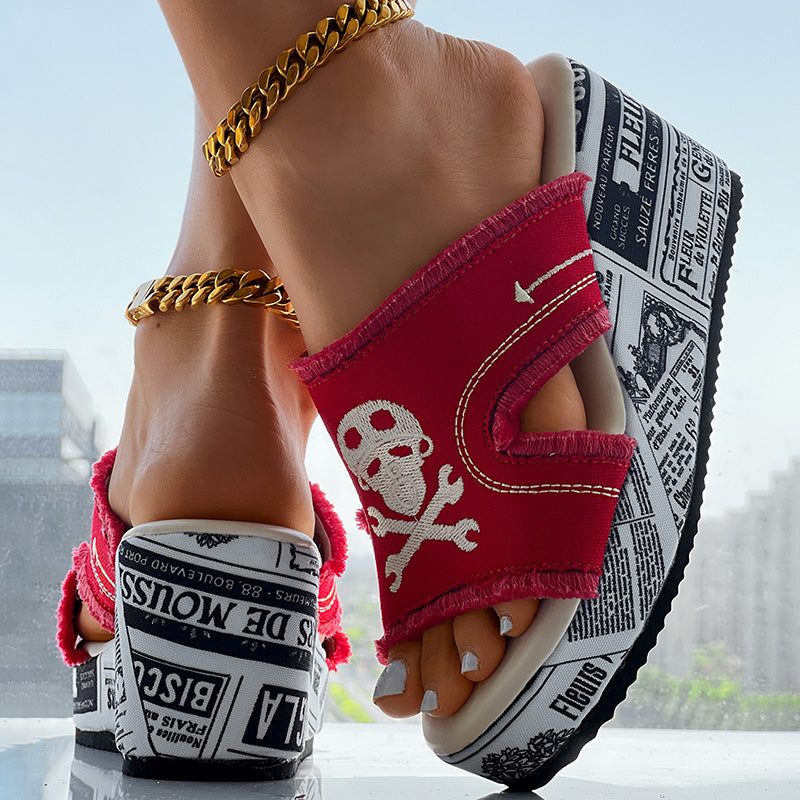 Women’s Denim Platform Sandals Skull Print Chunky Wedge Casual Shoes