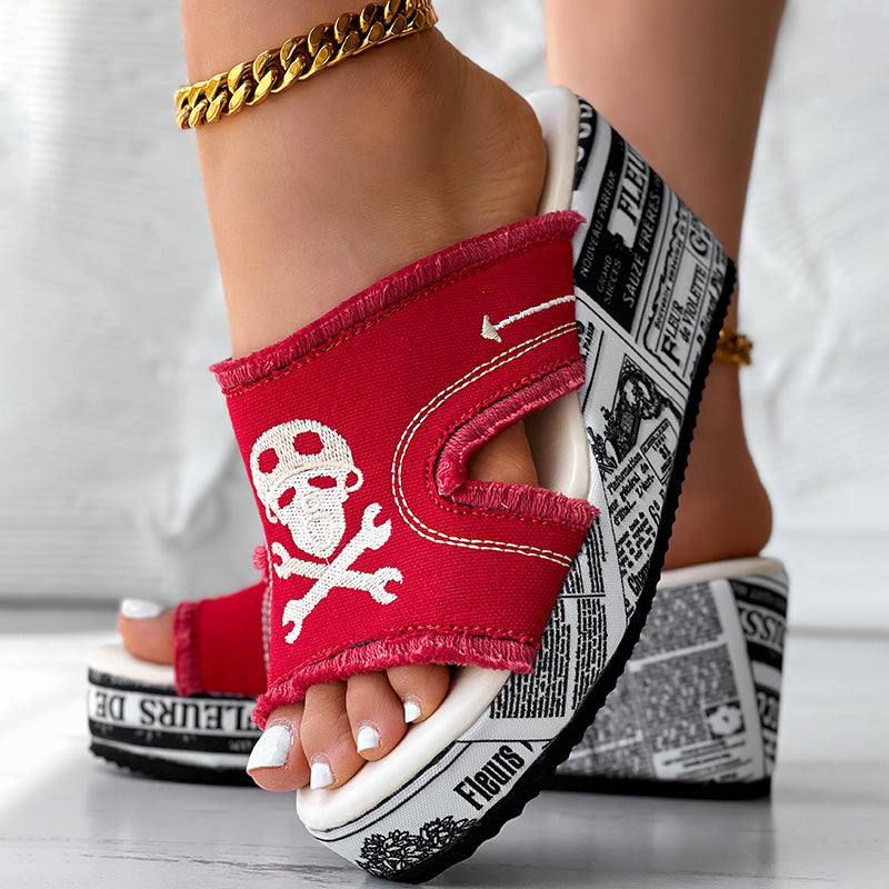 Women’s Denim Platform Sandals Skull Print Chunky Wedge Casual Shoes