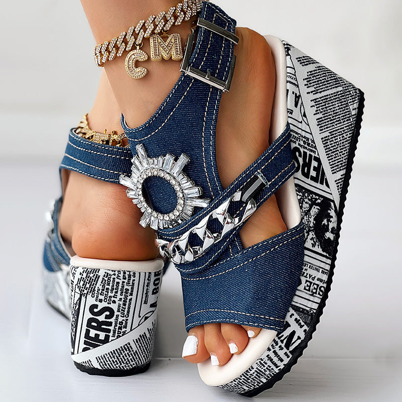 Street Style Denim Sandals Women Platform Wedge with Sparkly Rhinestone