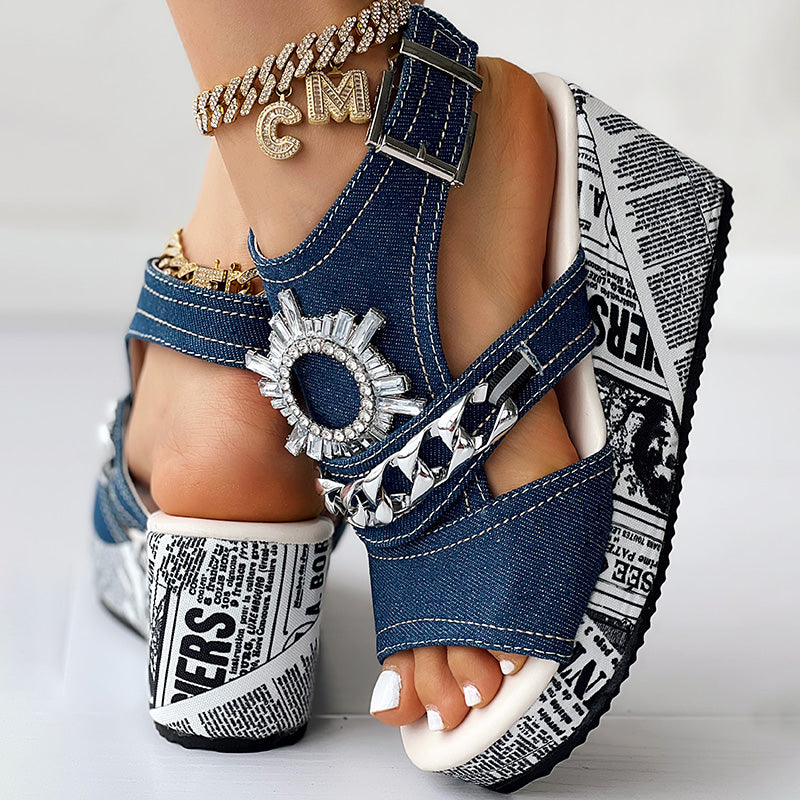 Street Style Denim Sandals Women Platform Wedge with Sparkly Rhinestone