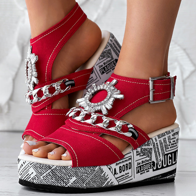Street Style Denim Sandals Women Platform Wedge with Sparkly Rhinestone