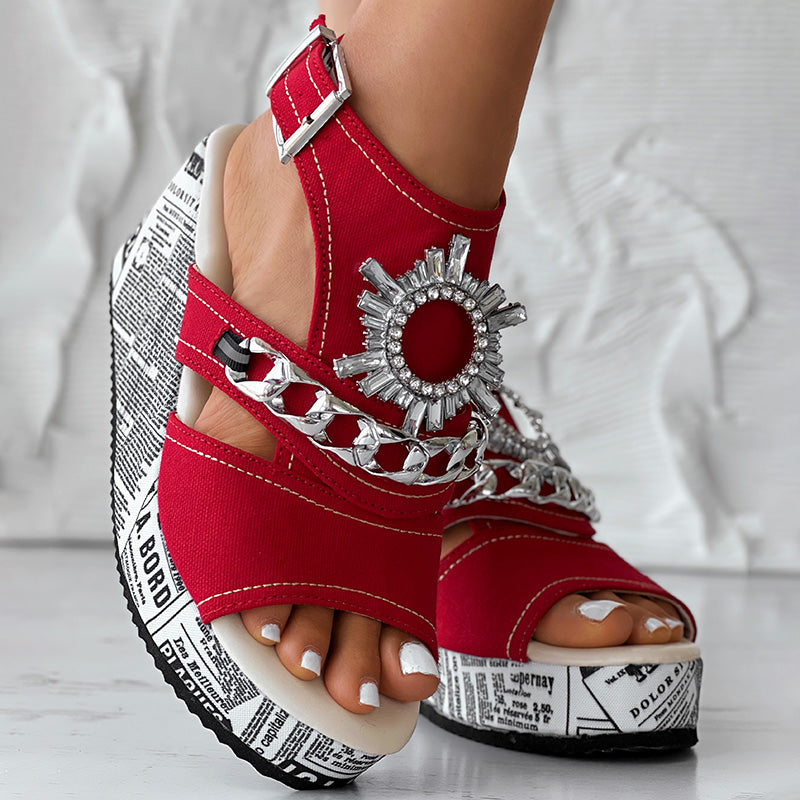 Street Style Denim Sandals Women Platform Wedge with Sparkly Rhinestone