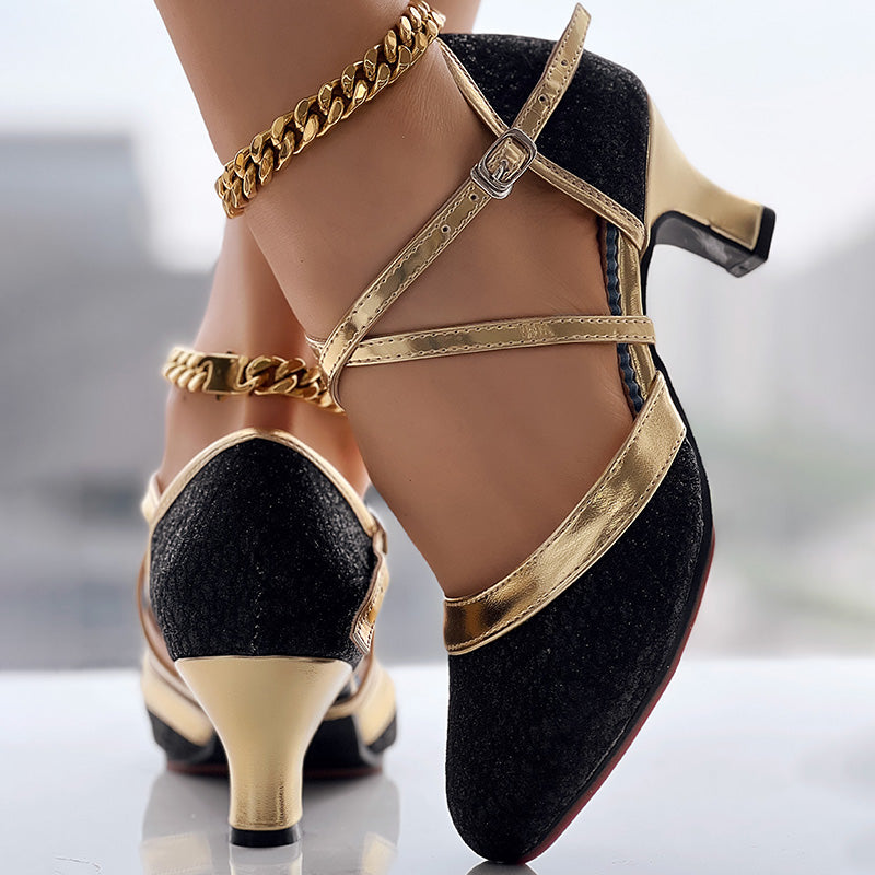 Women’s Black Gold Cross Strap Mid Heel Dance Shoes Elegant Party Pumps