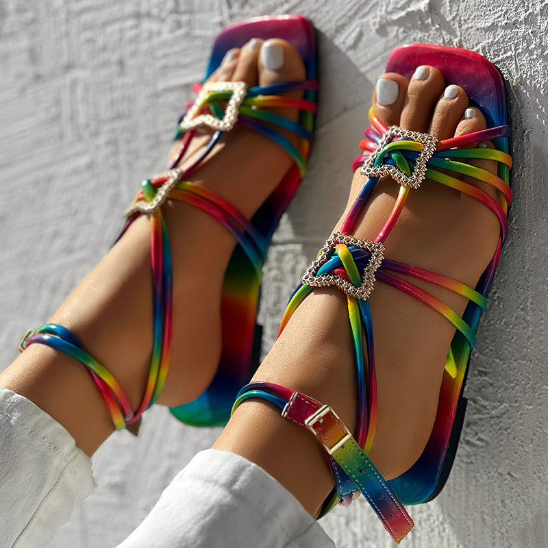 Women’s Strappy Square Toe Sandals with Rhinestone Buckle Ankle Wrap