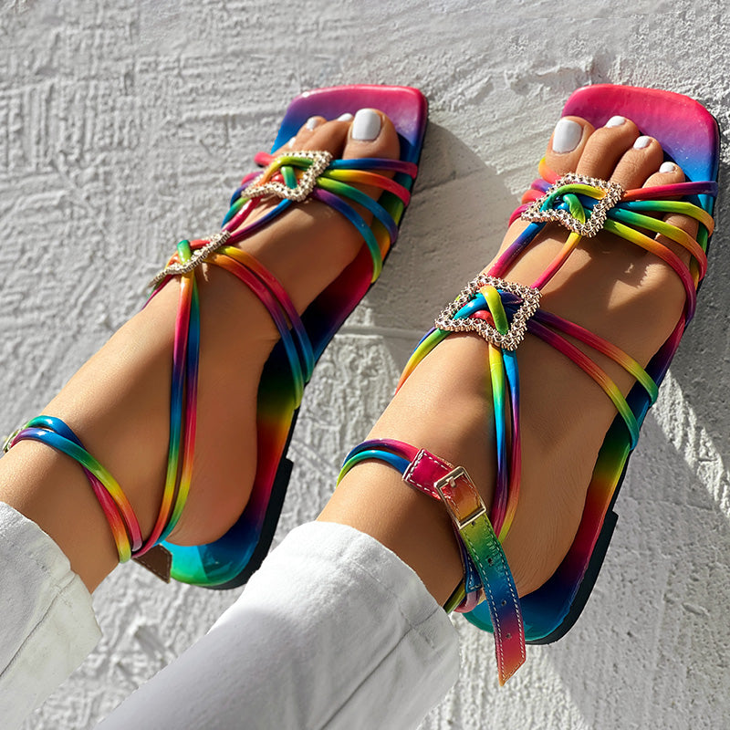 Women’s Strappy Square Toe Sandals with Rhinestone Buckle Ankle Wrap