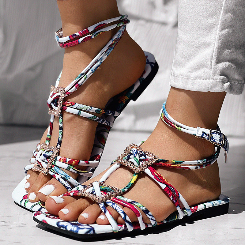 Women’s Strappy Square Toe Sandals with Rhinestone Buckle Ankle Wrap