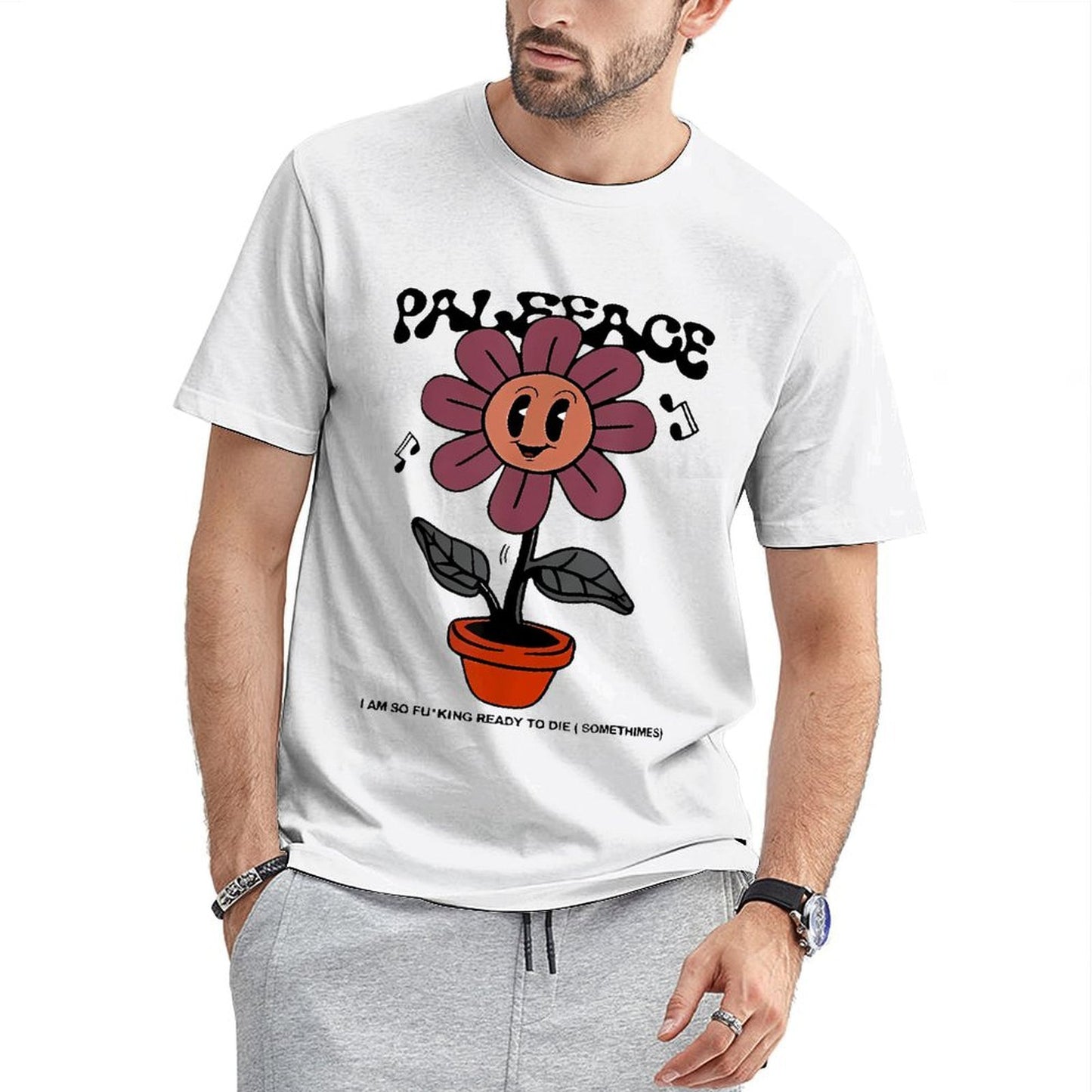 Inkmay Casual Cotton T-shirt Cartoon Flower In Orange Pot Plant Unisex T-shirt
