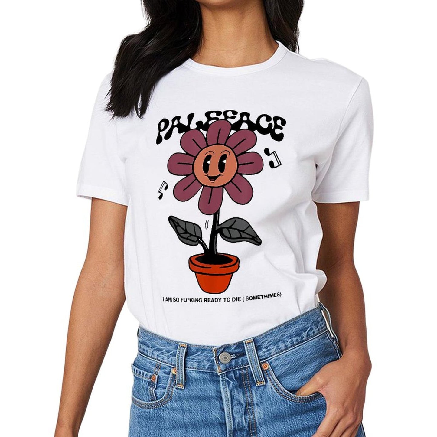 Inkmay Casual Cotton T-shirt Cartoon Flower In Orange Pot Plant Unisex T-shirt