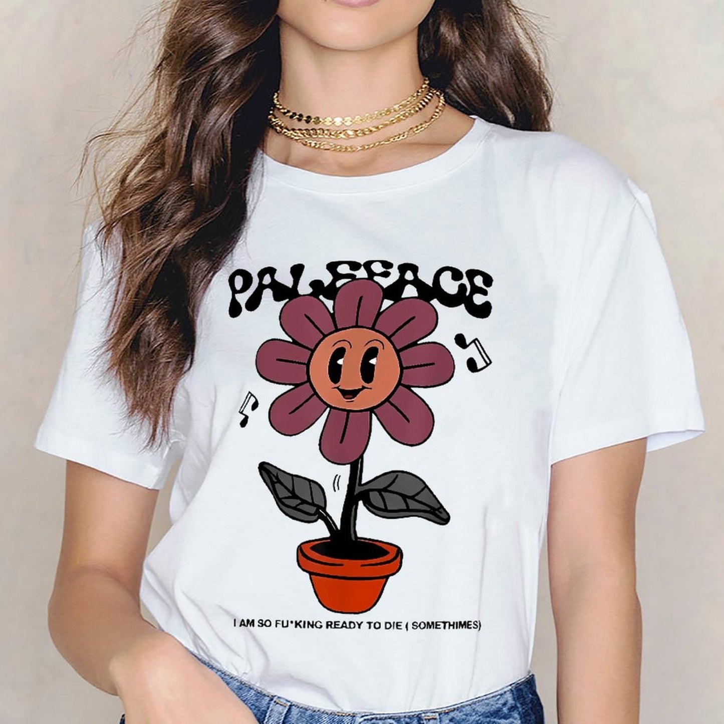 Inkmay Casual Cotton T-shirt Cartoon Flower In Orange Pot Plant Unisex T-shirt