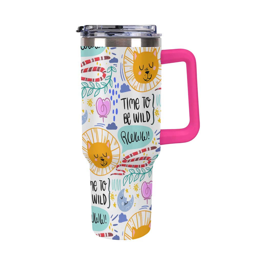 Travel Mug with Handle White Colorful Sun Moon Stars and Time to Be Wild Print for Outdoor Adventures