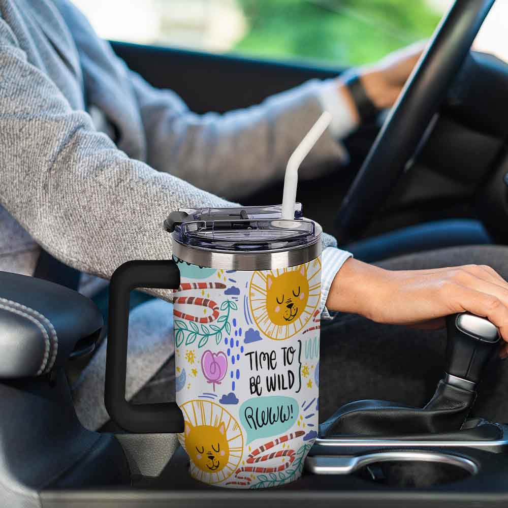 Travel Mug with Handle White Colorful Sun Moon Stars and Time to Be Wild Print for Outdoor Adventures