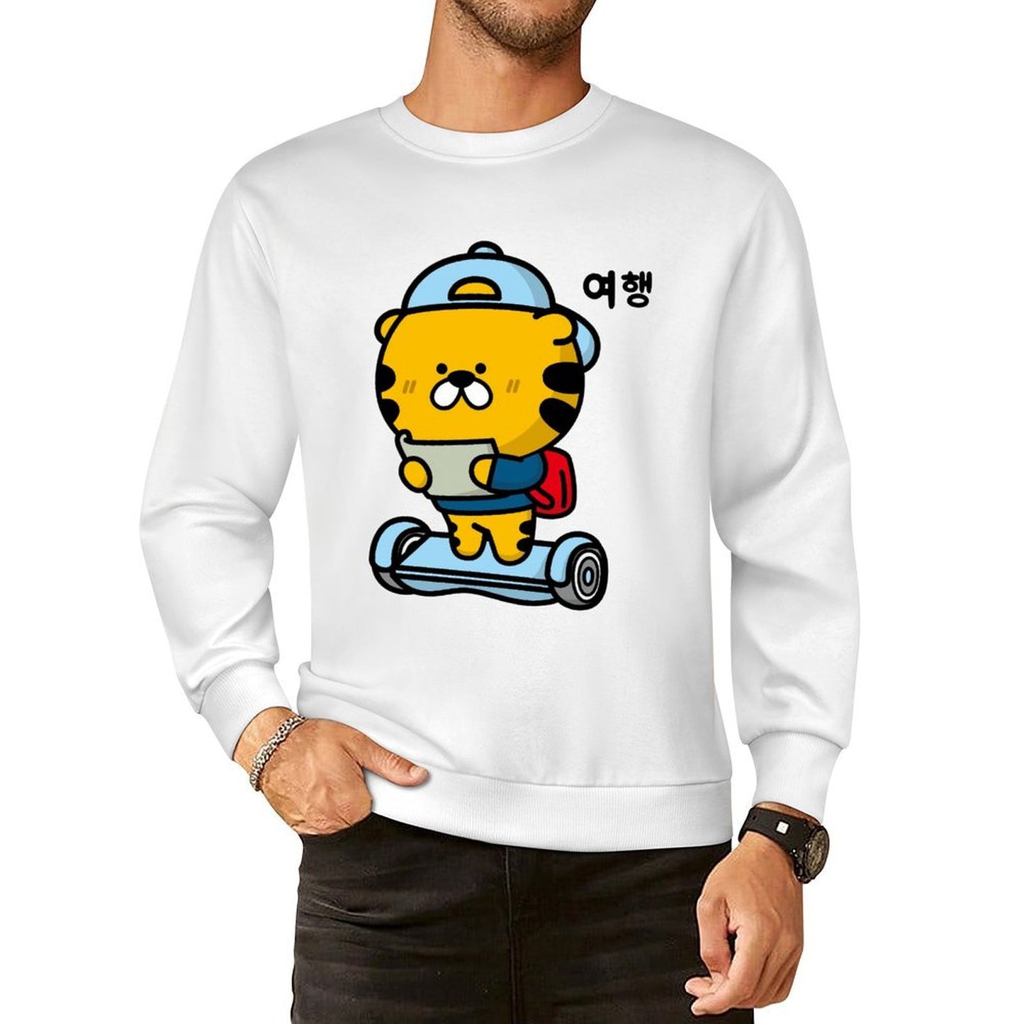 Front Patterned Long Sleeve TopComfortFit Crew Neck