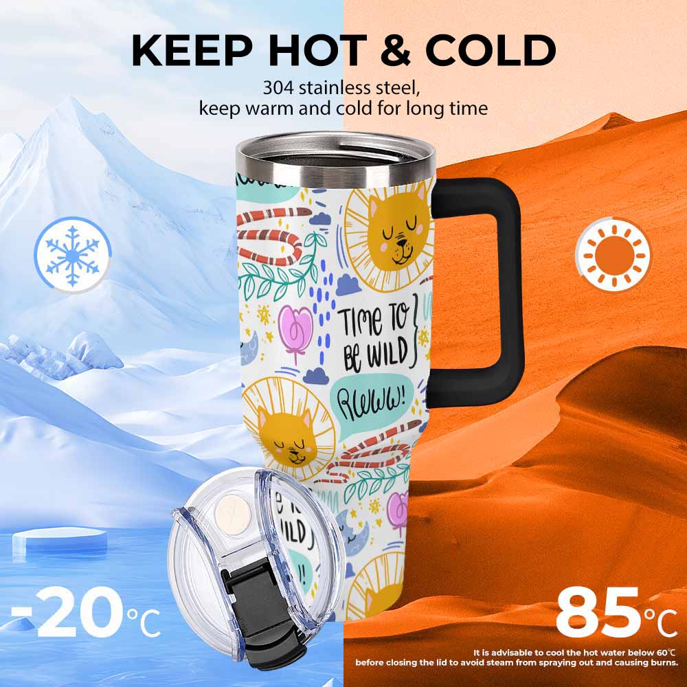 Travel Mug with Handle White Colorful Sun Moon Stars and Time to Be Wild Print for Outdoor Adventures
