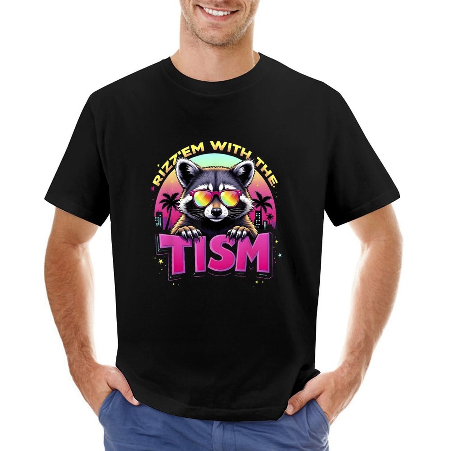 Inkmay Casual Cotton T-shirt Cool Raccoon With Sunglasses And Palm Unisex T-shirtHigh-Quality BasicSeries T-Shirt