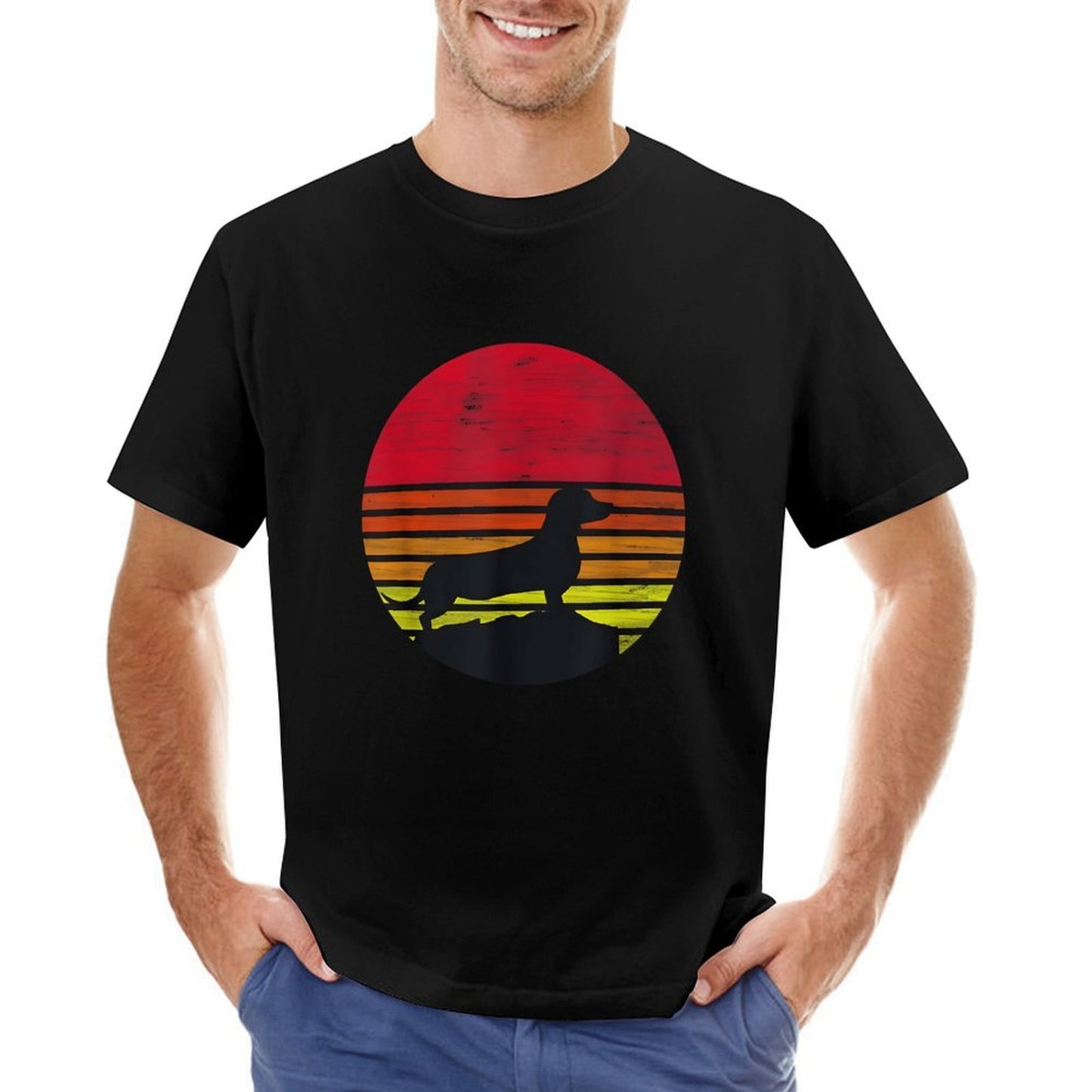 Inkmay Casual Cotton T-shirt Sunset Silhouette Dog On Beach Scene Unisex T-shirtSport Urban T-Shirt
