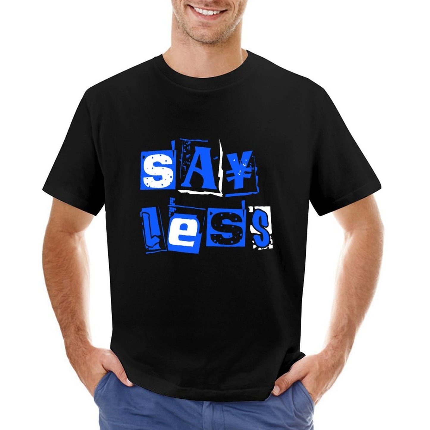 Inkmay Casual Cotton T-shirt Blue Background With White Lettering Design Unisex T-shirt