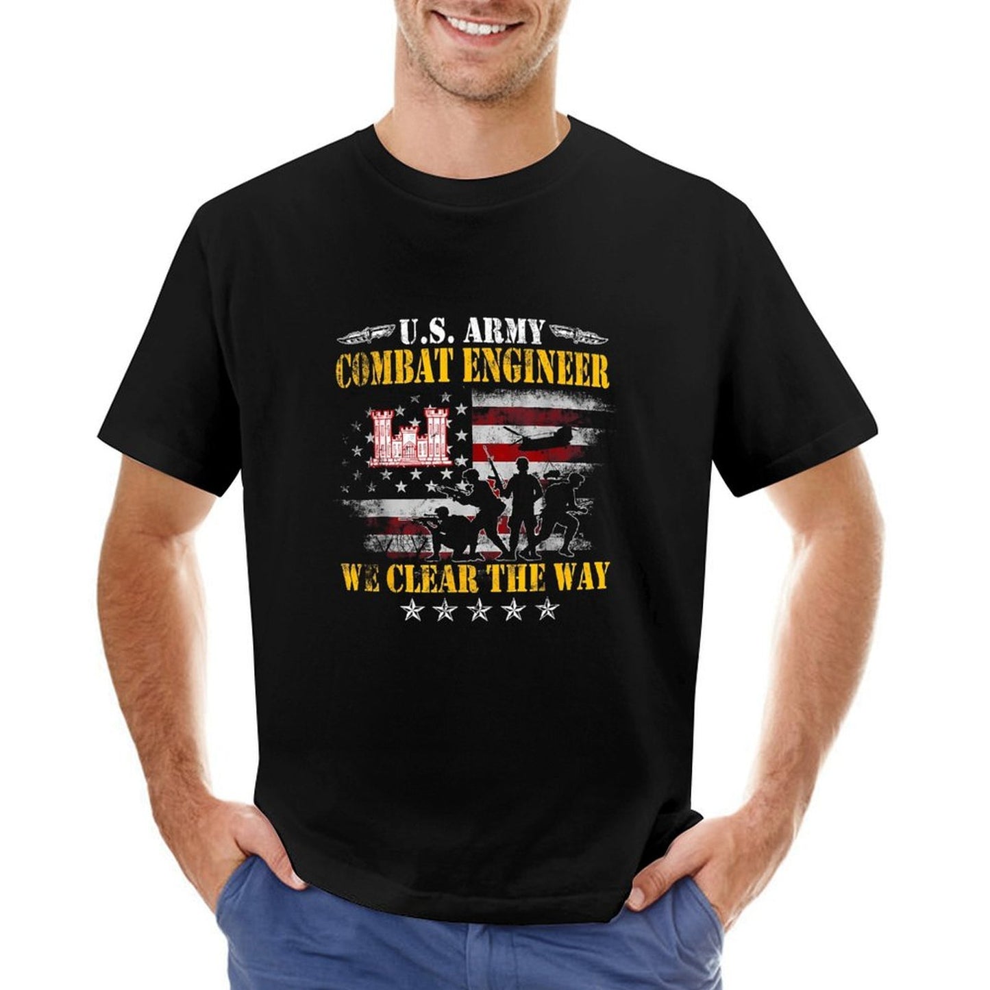 Inkmay Casual Cotton T-shirt Combat Engineer Flag Silhouette Soldier Design Unisex T-shirtClean Edges Relaxed Fit T-Shirt