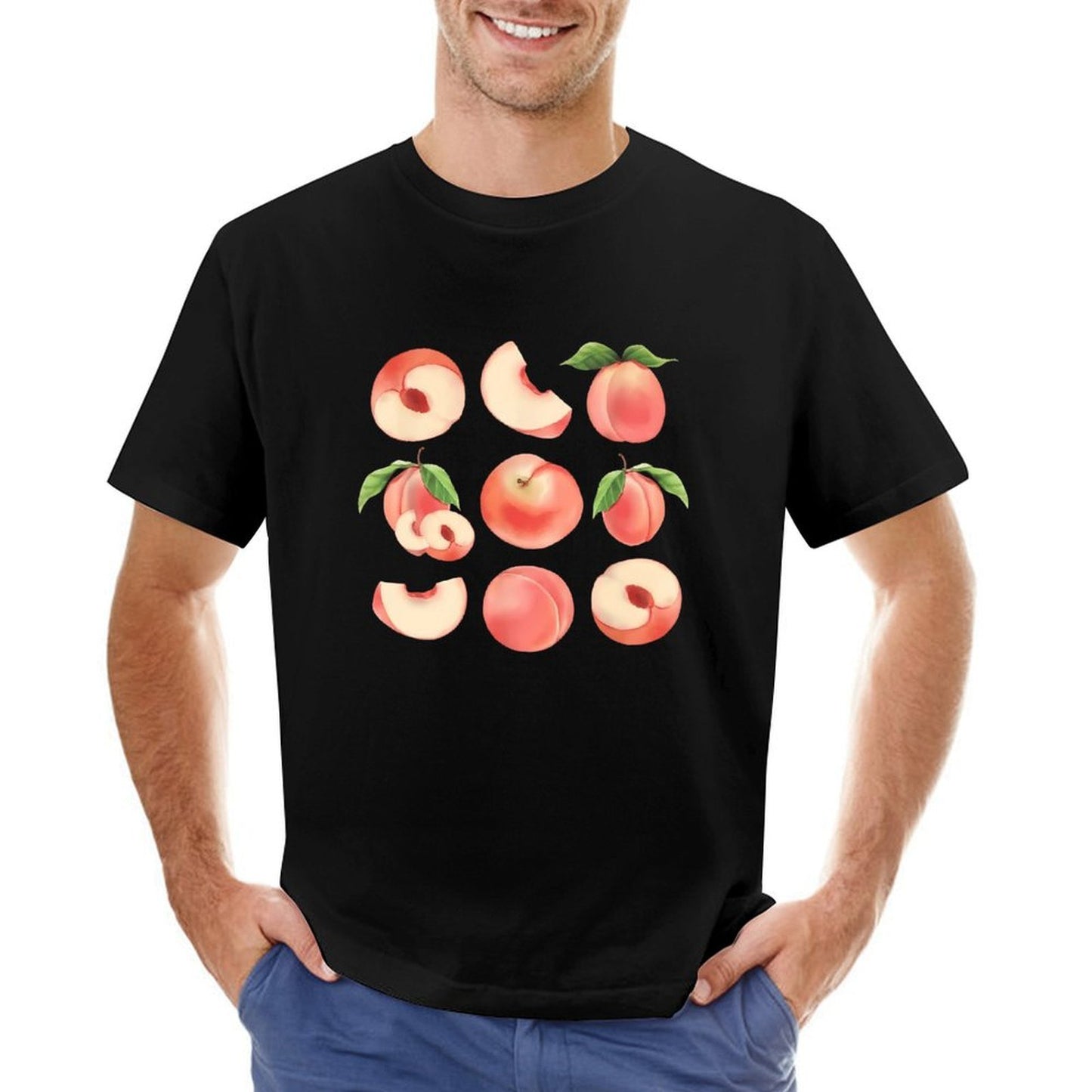 Inkmay Casual Cotton T-shirt Peaches Slices And Leaves Pattern Design Unisex T-shirtMidweight ClassicStyle T-Shirt