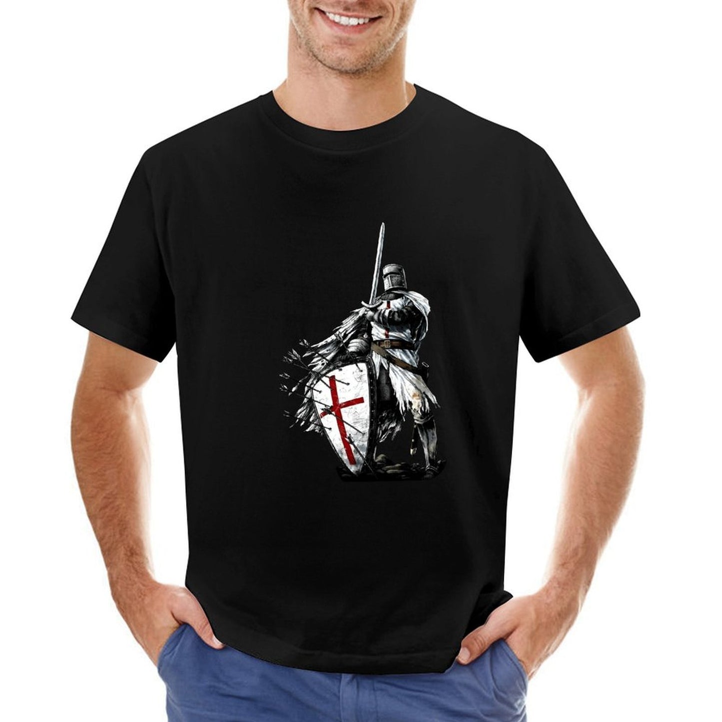 Inkmay Casual Cotton T-shirt Knight In Armor Holding Shield Sword Unisex T-shirtOn-Demand Batch-Printed T-Shirt