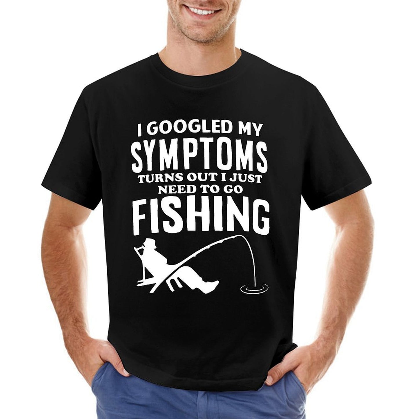 Inkmay Casual Cotton T-shirt Fishing Theme Print On Black Background Unisex T-shirtTear-Resistant Wrinkle-Free T-Shirt